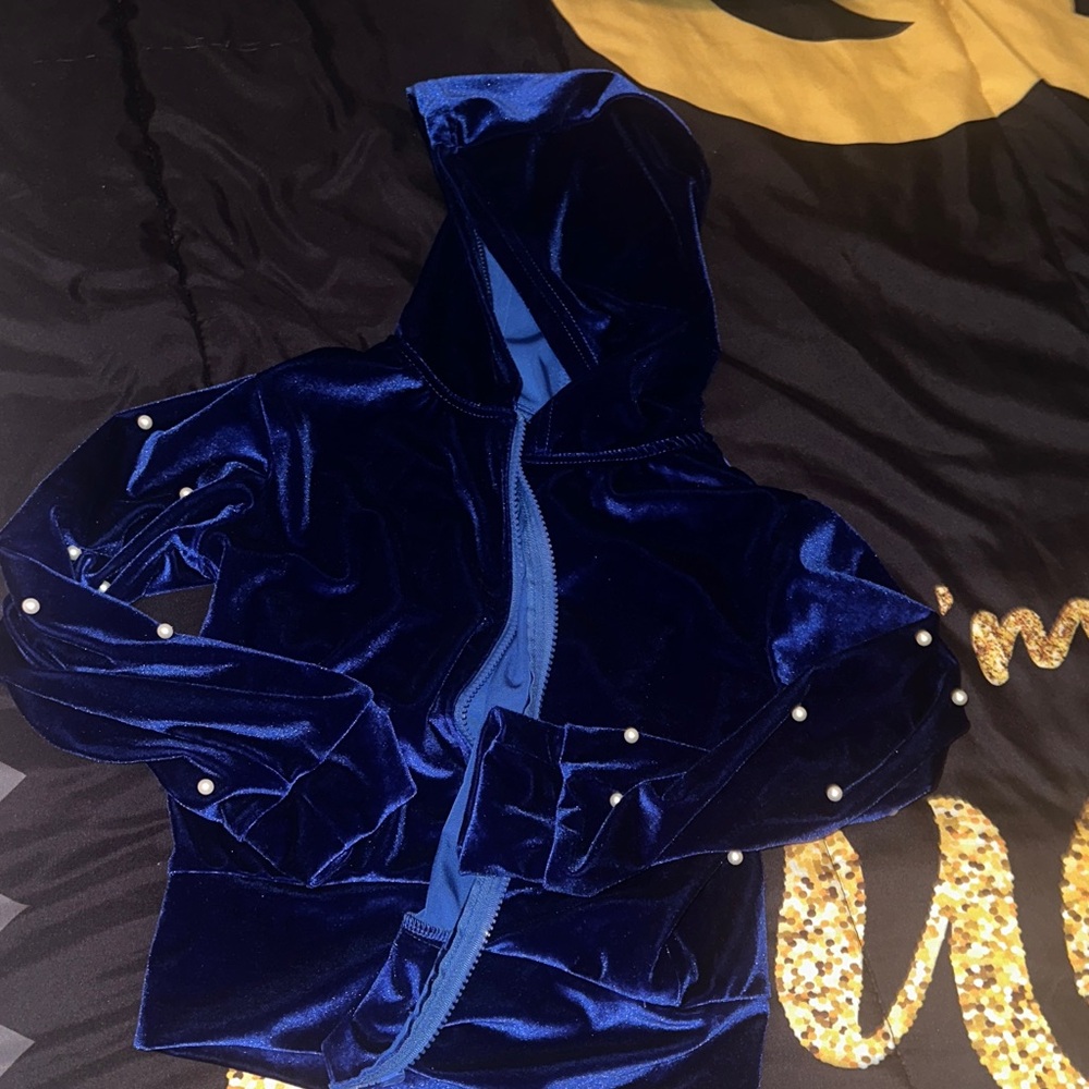 Blue Velvet Hoodie with Pearl Accents